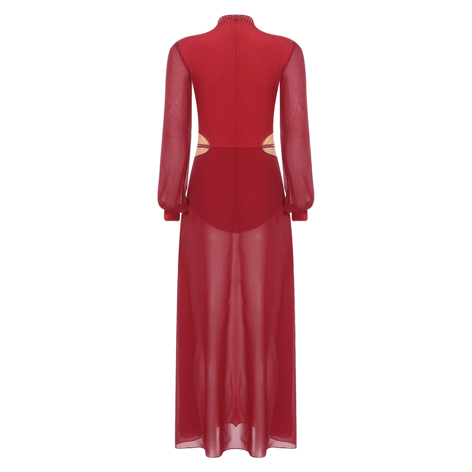 Frauen Bauchtanz Fransenkleid Pailletten Quaste Brust Langarm Body mit Schlitz Chiffon Saum Maxikleid Latin Rumba Dancewear