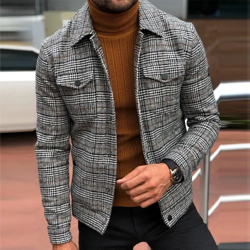 2025 New Men's Checkered Jacket Slim Fit Casual Autumn Coat Fashionable Lightweight Stand Collar Outerwear Trendy Streetwear