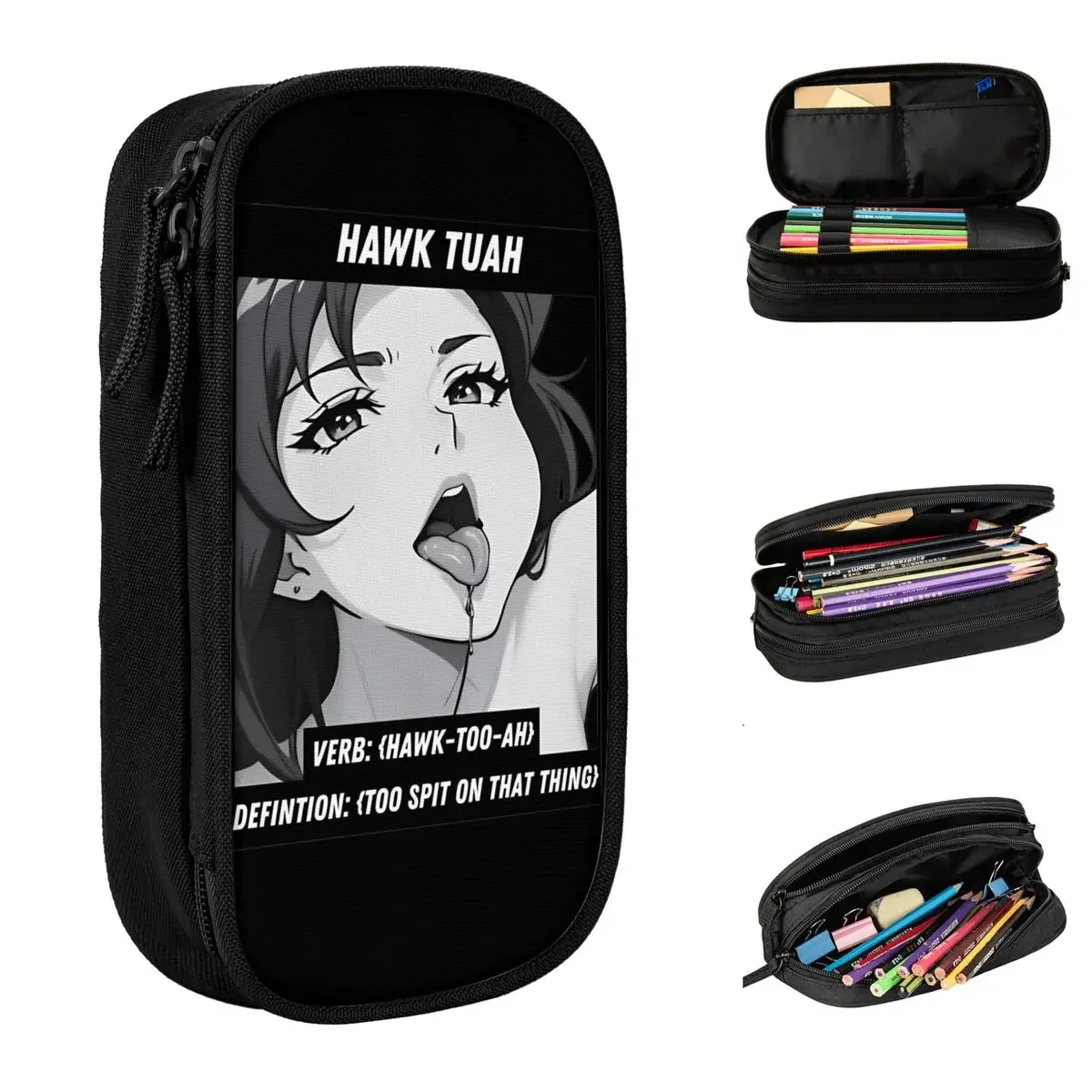 

Fun Hawk Tuah Spit On That Thang Pencil Cases Waifu Anime Pencilcases Pen Box for Student Large Storage Bag Office Gifts