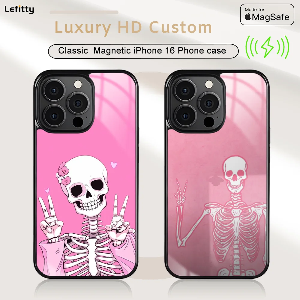 

Art Pink Skull Phone Case For iPhone 16 15 14 13 12 11 Pro Max Plus Mini Magnetic Magsafe Wireless Charging Cover