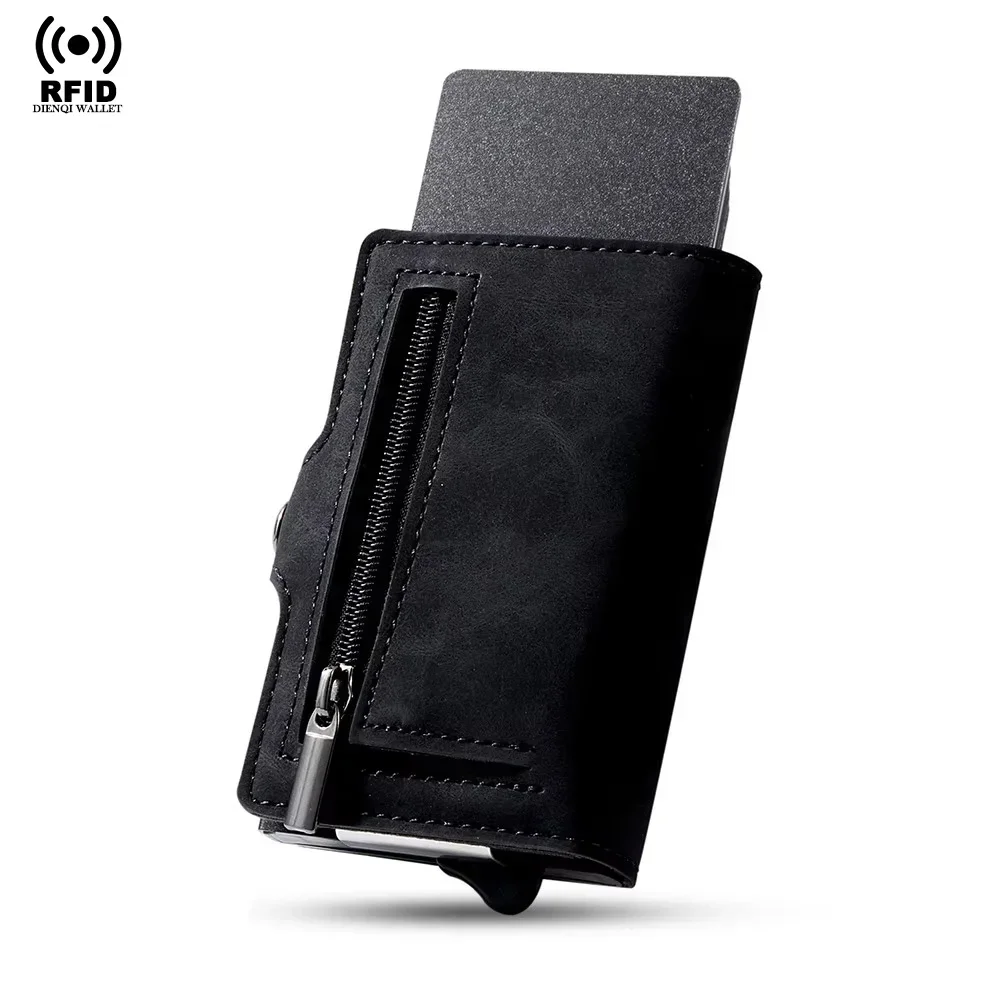 Carteras con bloqueo RFID para hombre, con cremallera metálica emergente, tarjetero de aluminio, billetera plegable para hombre y mujer