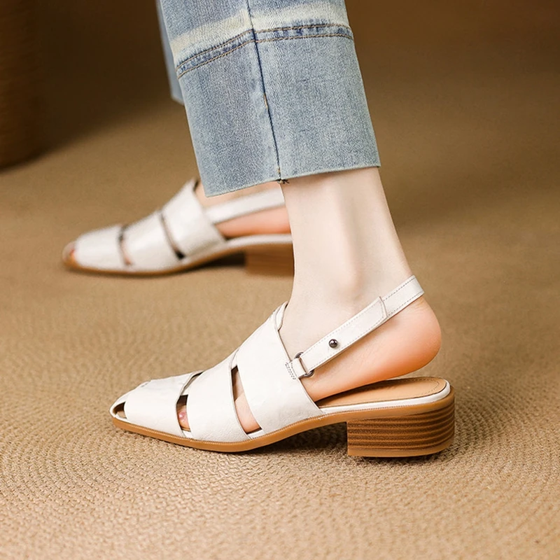 NEW Summer Women Sandals Genuine Leather Shoes for Women Square Toe Chunky Heel Shoes Cover Toe Slingback Shoes Weave Sandals - view 3
