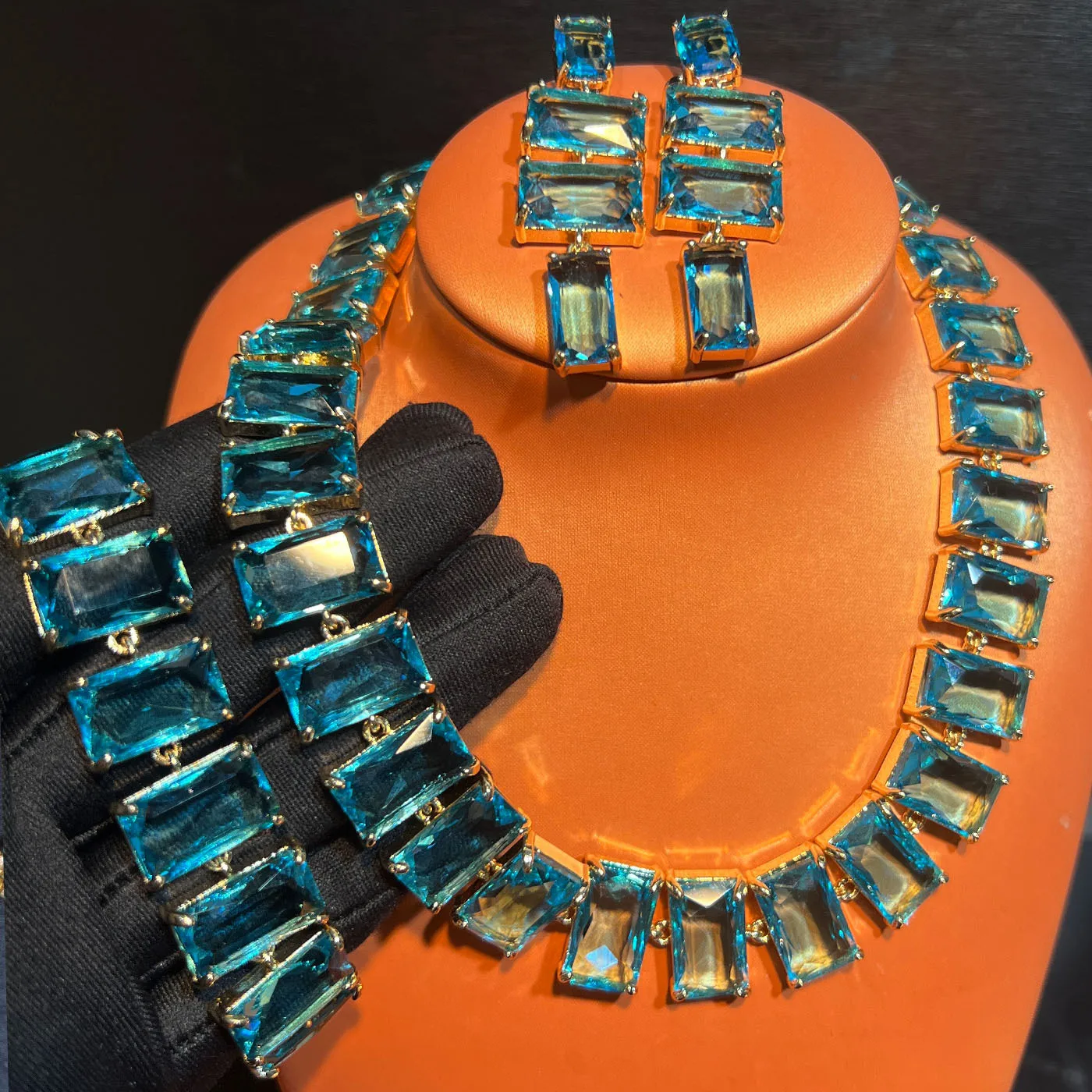 Austrian Blue Cube Sugar Crystal Necklace Bracelet Earrings Set for Women Jewelry Set Square Shape Collar Accessories Wholesale
