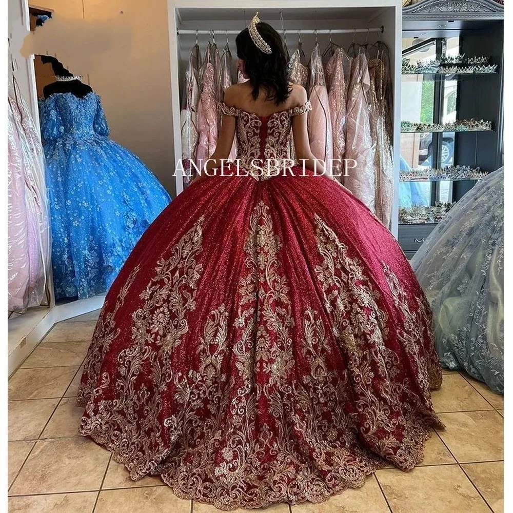 فستان Quinceanera لامع من Angelsbridep ، أكمام مكشوفة الكتفين ، فستان حفلة مزخرف بالدانتيل الذهبي ، مشد للظهر ، 15 عامًا