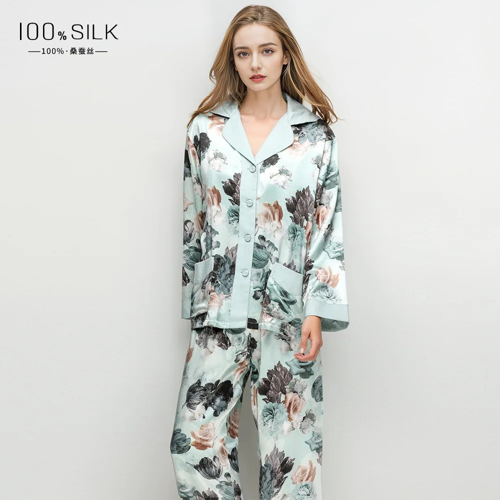 Heavy 100% Mulberry Silk Floral Pajamas for Women Autumn Long-sleeved Trousers Two-piece Set Pure Silk Sleepwear Pajama Set