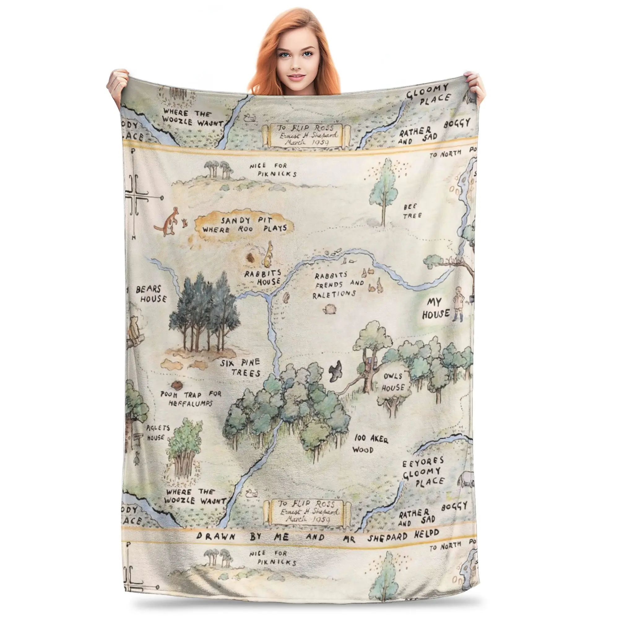 Winnie the Pooh Eeyore Gloomy Place Map Flannel Throw Blanket Novelty Decorative Cozy Fleece Home Decor Gift for Kids Teens Boy