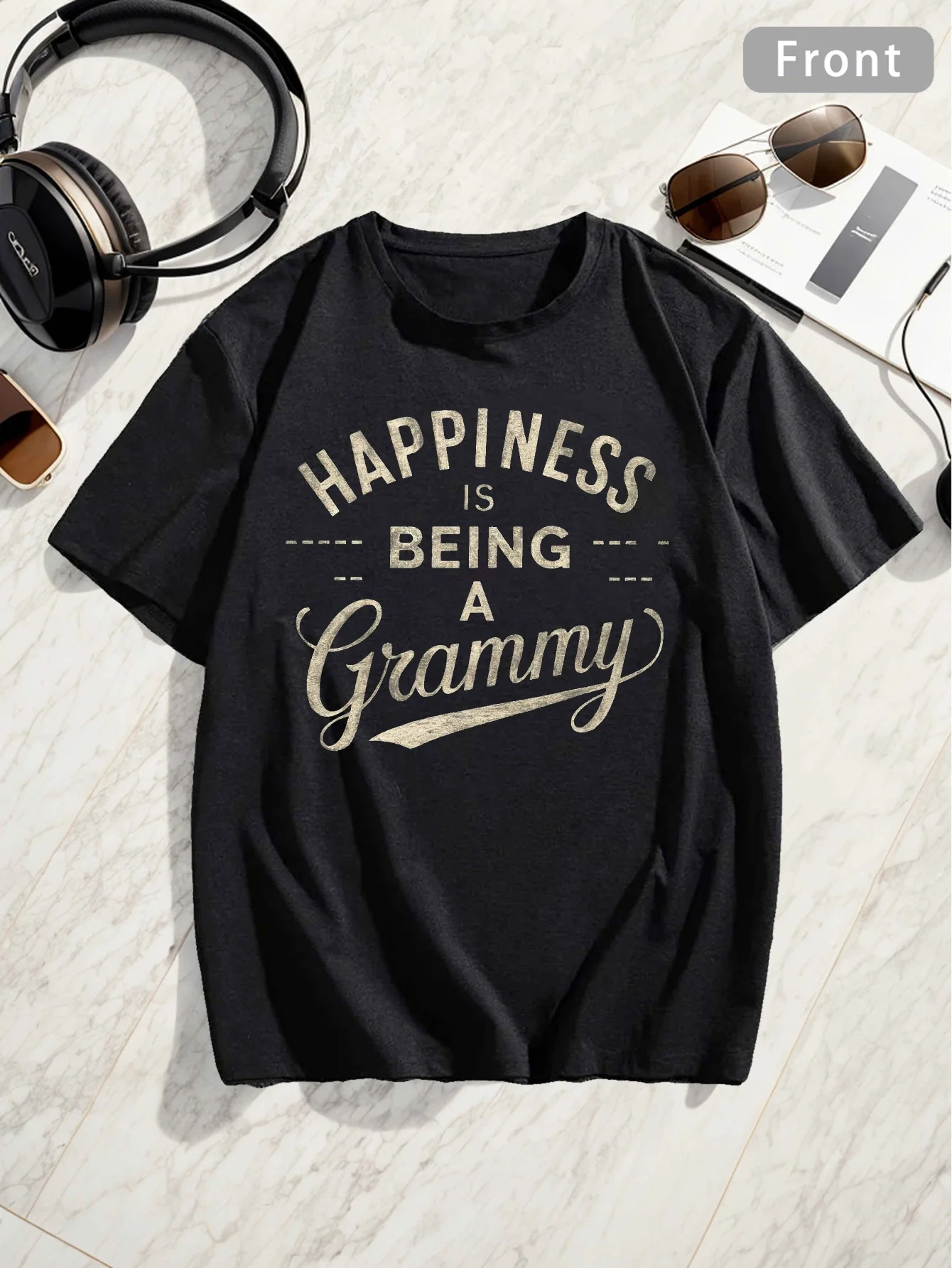 

Men's "Happiness is Grammy" T-shirt - Gold calligraphy text, round neck, machine washable, Christmas T-shirt
