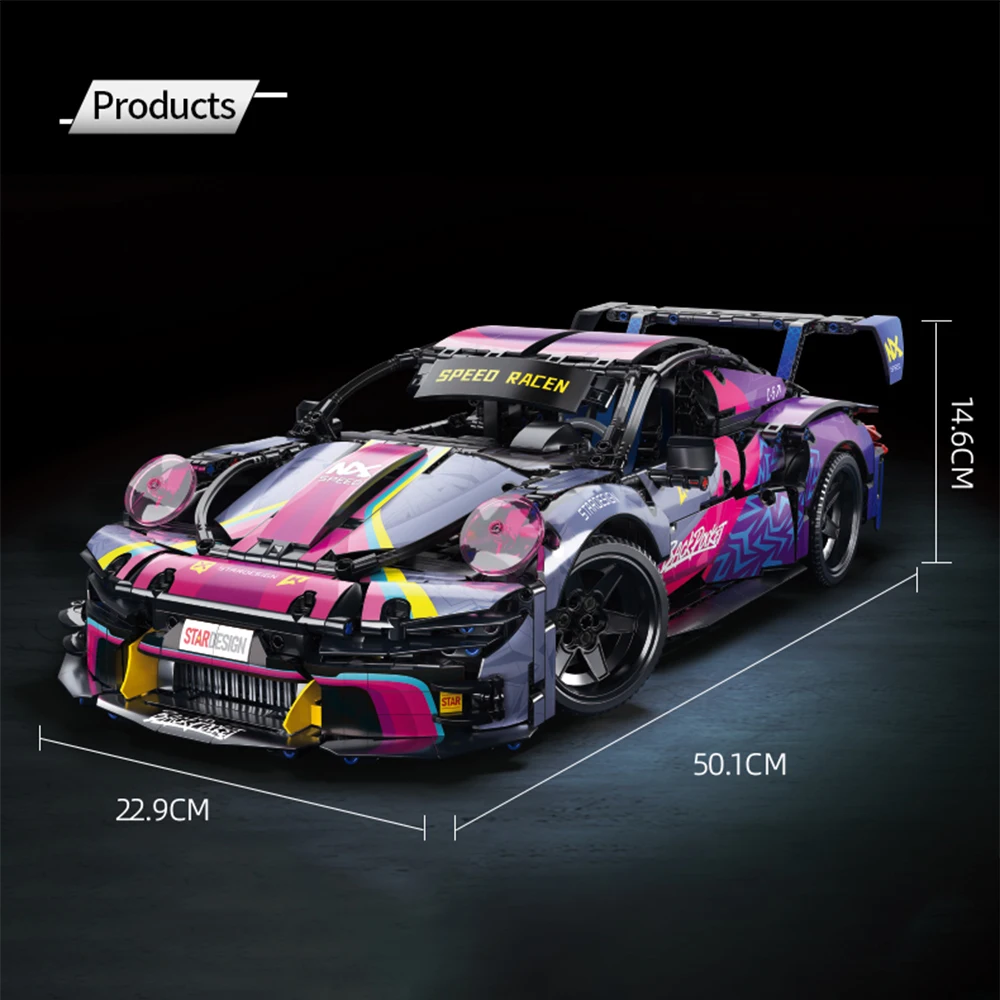 KAVOWORLD 1611pcs Cyberpunk Livery Sports Race Car Building Set 50cm Large 1:10 Racing Car Model Kit with Rear Linkage Engine Opening Doors GT Tail Wing Detailed Interior Speed Racer Construction Toy for Adult Hobby Building Halloween Christmas Cool Gifts