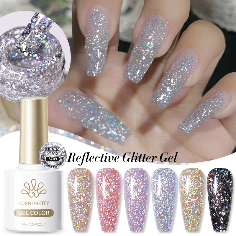 BORN PRETTY 6 Colors Reflective Nail Gel Polish Soak UV LED Gel Salon Nail Art 10ml Collection Holographics Glitter NailManicure