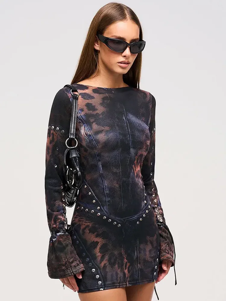 2025 New Vintage Printing Sexy Bodycon Mini Dress For Women Autumn Winter Fashion Full Sleeve Female Club Party Dresses