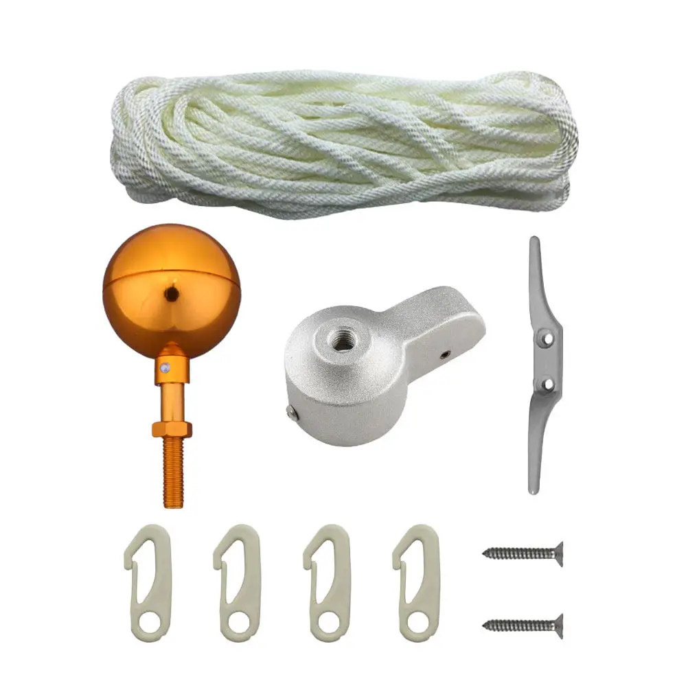 1Set Flagpole Ball and Snap Clip Kit Gold Anodized Aluminum Halyard Rope Cap Bottom Fastener for Fresh Look Flag Pole Ornament