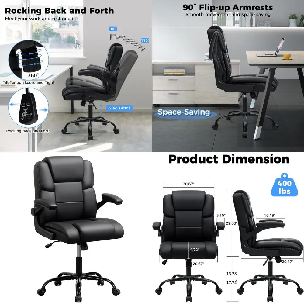 

Эргономичное вращающееся кресло из искусственной кожи с регулировкой высоты и откидными подлокотниками для домашнего офиса, идеально подходит для невысоких людей, B