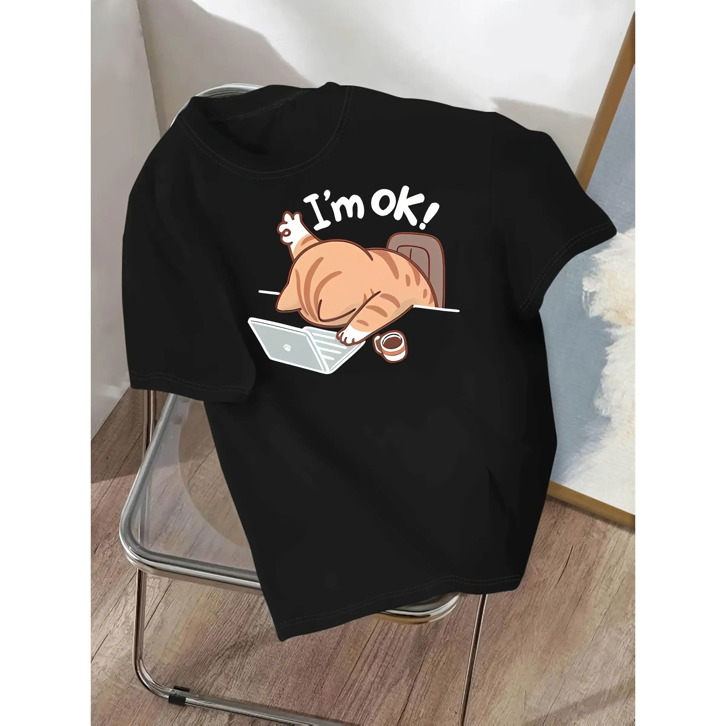 

Funny Fat Cat Working T-Shirt I'm OK Graphic Tee Cute Lazy Cat Top for Men Women Humor Office Worker Gift