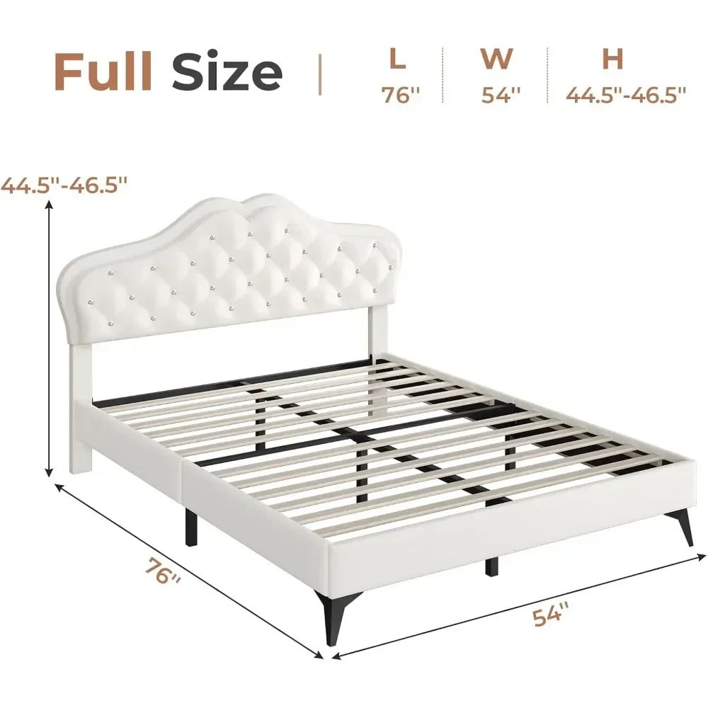 Full Size Bed Frame with LED Lights, Adjustable Headboard, Crystal Button, Solid Wood Slats Support, Princess Platform Bed Frame