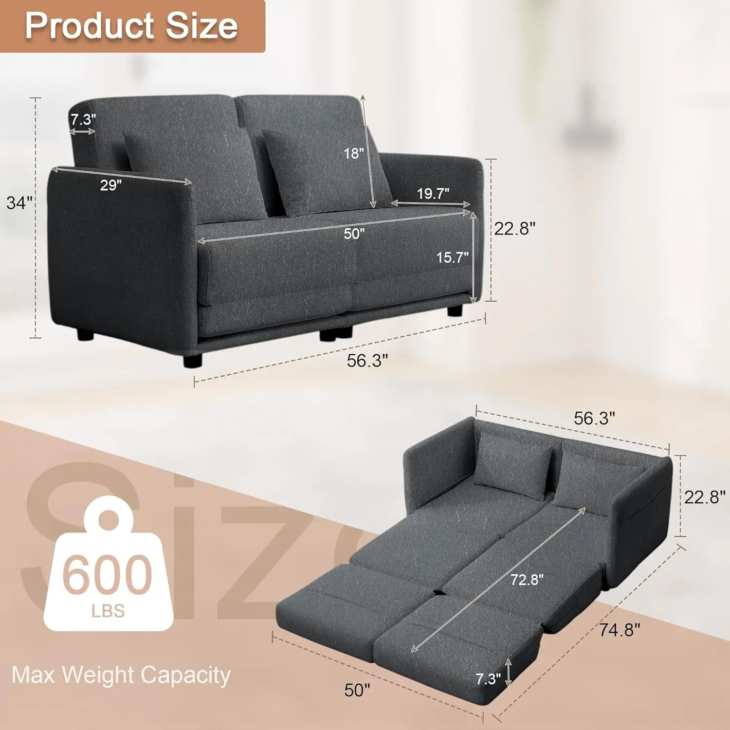 Small Full Size Futon Sofa Bed 56.3