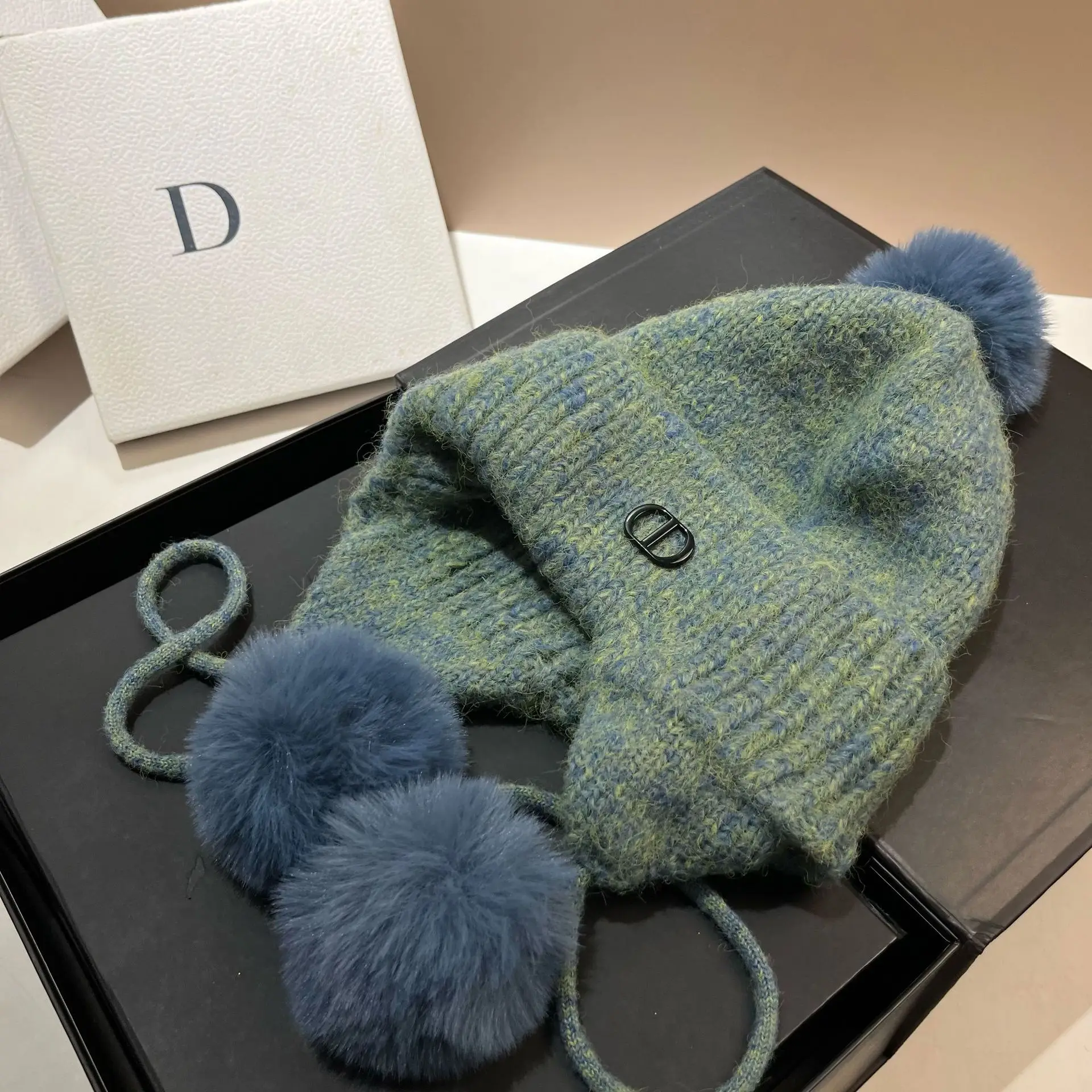 

2025 Winter Knit Beanie Korean Style Sweet Pom Pom Ear Flap Hat, Wool Blend for Warmth, Perfect for Outdoor Activities