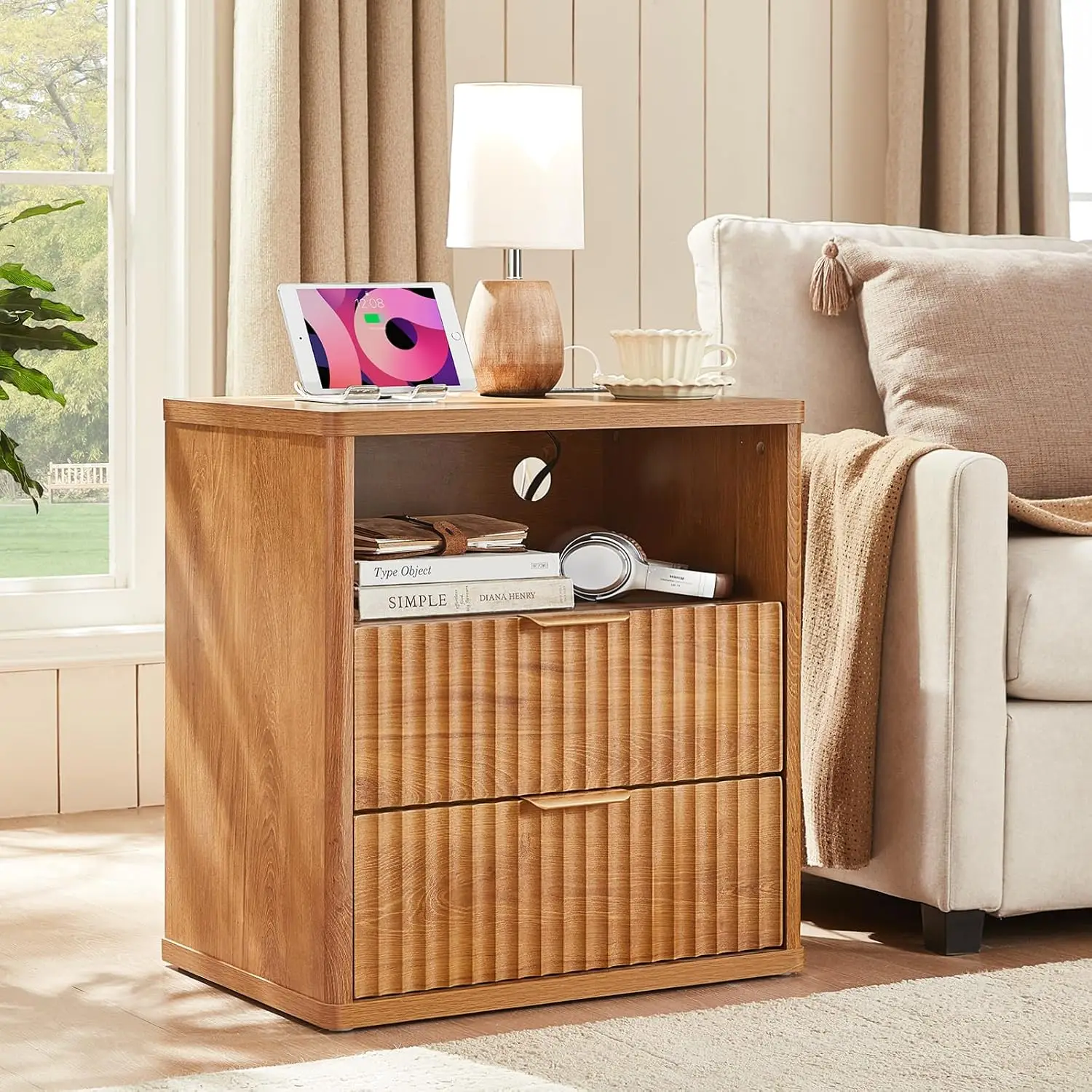 Fluted Nightstand Set Of 2 With Charging Station, 23