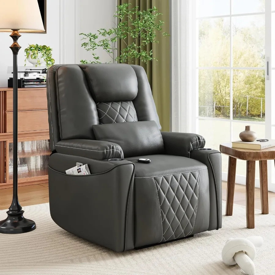 Power Lift Recliner Chair Sofa For Living Room And Home Theater, PU Leather In Gray With Charging Ports Cup Holders Electric St