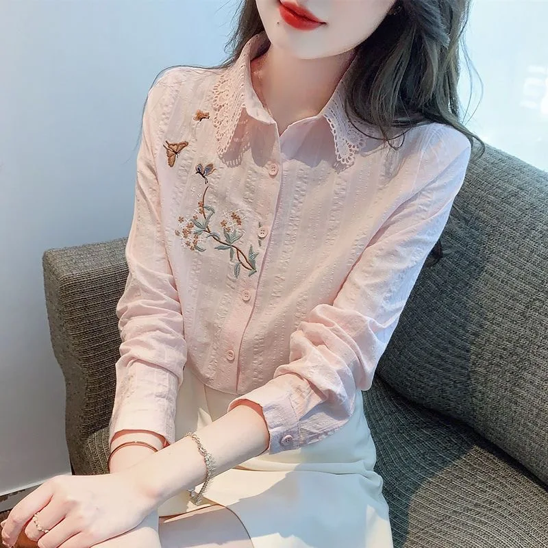 Embroidery Women Spring Autumn Blouses Shirts Lady Casual Long Sleeve Turn-down Collar Solid Color Blusas Tops DF4775