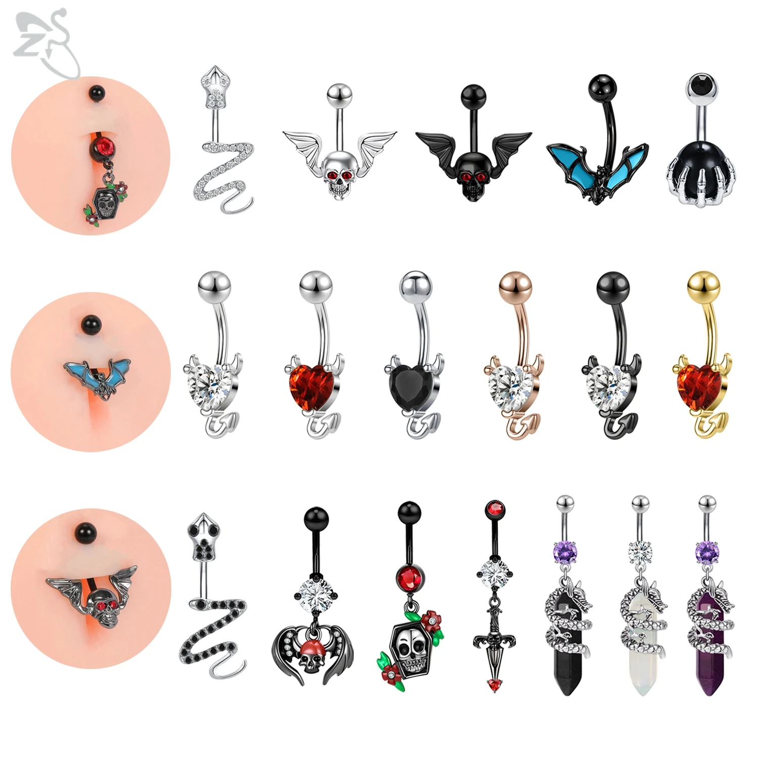 AOEDEJ 1 PC Punk 14G Stainless Steel Belly Ring Black Color Skeletons Bellys Button Rings Dragon Pendant Navel Piercing Jewelry