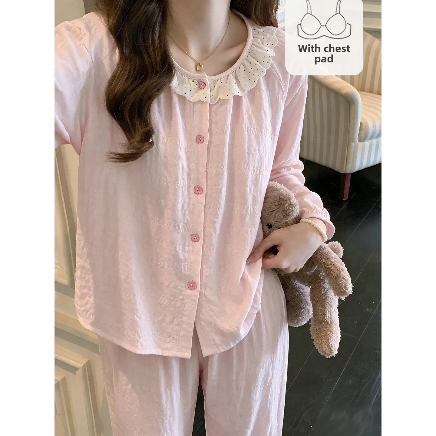 Sweet Lace Padded-Cup Nightgown For Women—New Spring/Fall Long-Sleeve, Long-Pants Princess-Style Loungewear Set In Plus Sizes