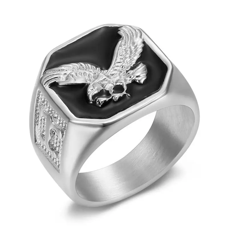 Hip Hop Rock Stainless Steel Hawk Eagle Round Finger Rings for Men Rapper Jewelry Gold Silver Color Drop Shipping