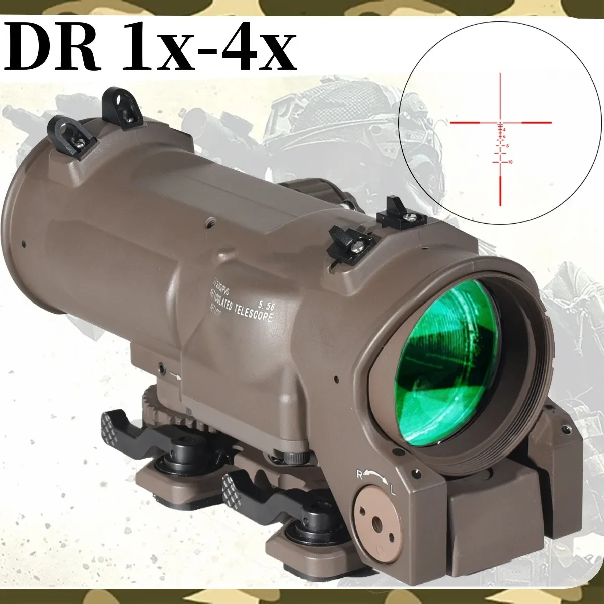 Fixed Dual Purpose 1x-4x Riflescopes Red Illuminated Reticle Tactical Magnifier Quick Detachable Airsoft Scope with Full Marking