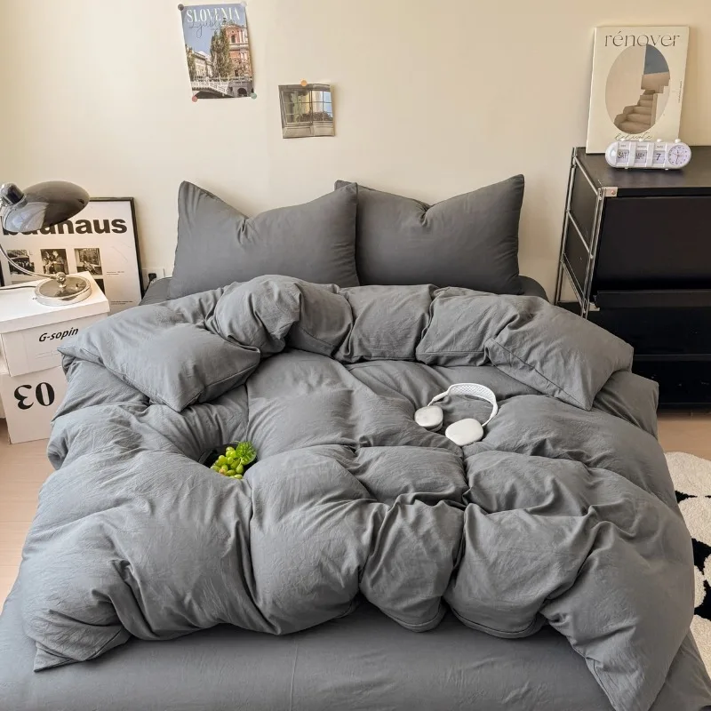 

2025 new solid color washed cotton four-piece set Shuangpin student dormitory single bedding three-piece set