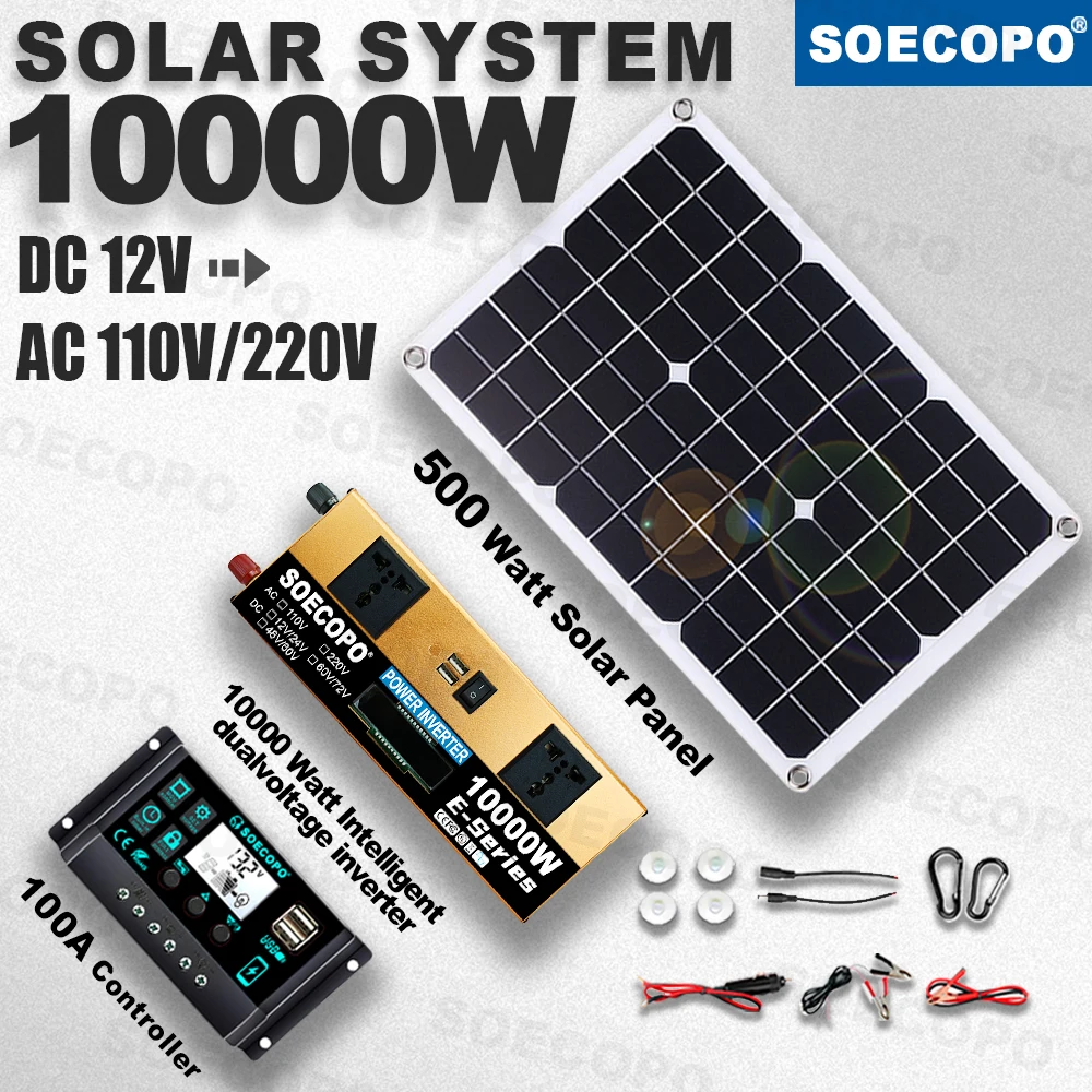 

SOECOPO 10000W Solar Power System Kit, 12V24V to 110V/220V Inverter 500W Panel, 100A Controller, for Off-Grid Home, RV & Camping