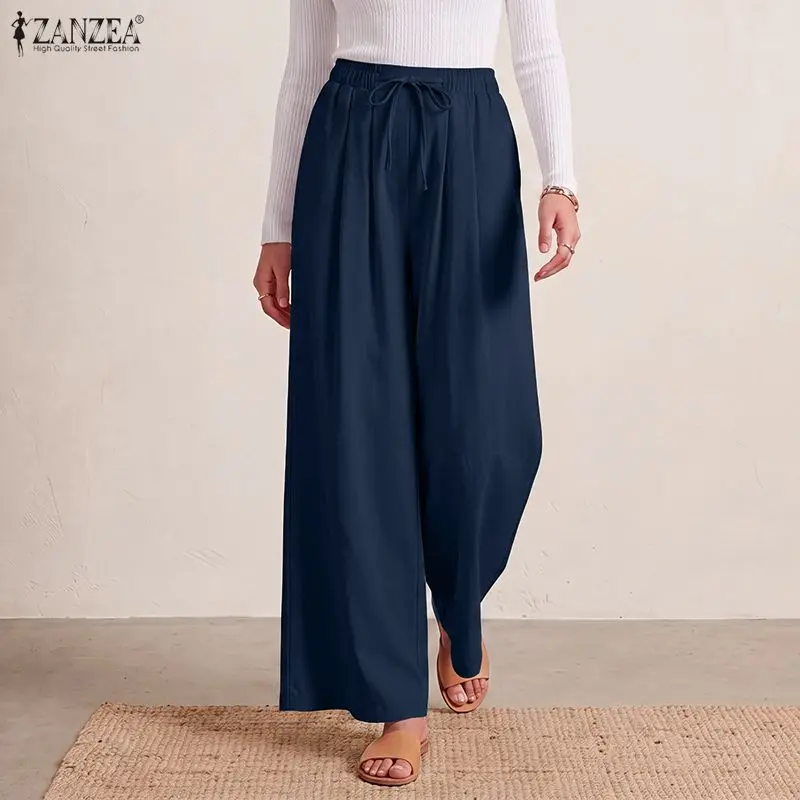 ZANZEA Women Cotton Breathable Wide Leg Pants Casual Lace-Up Elastic Waist Loose Trousers 2026 Autumn Solid Daily Wear Pantalon