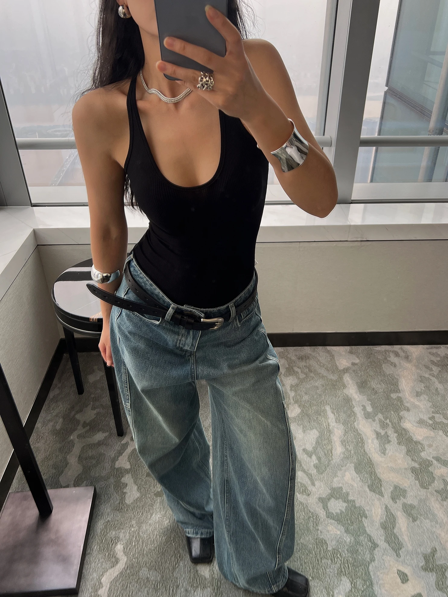 Women Ribbed Cami Sleeveless V Neck Bodysuit Jumpsuit