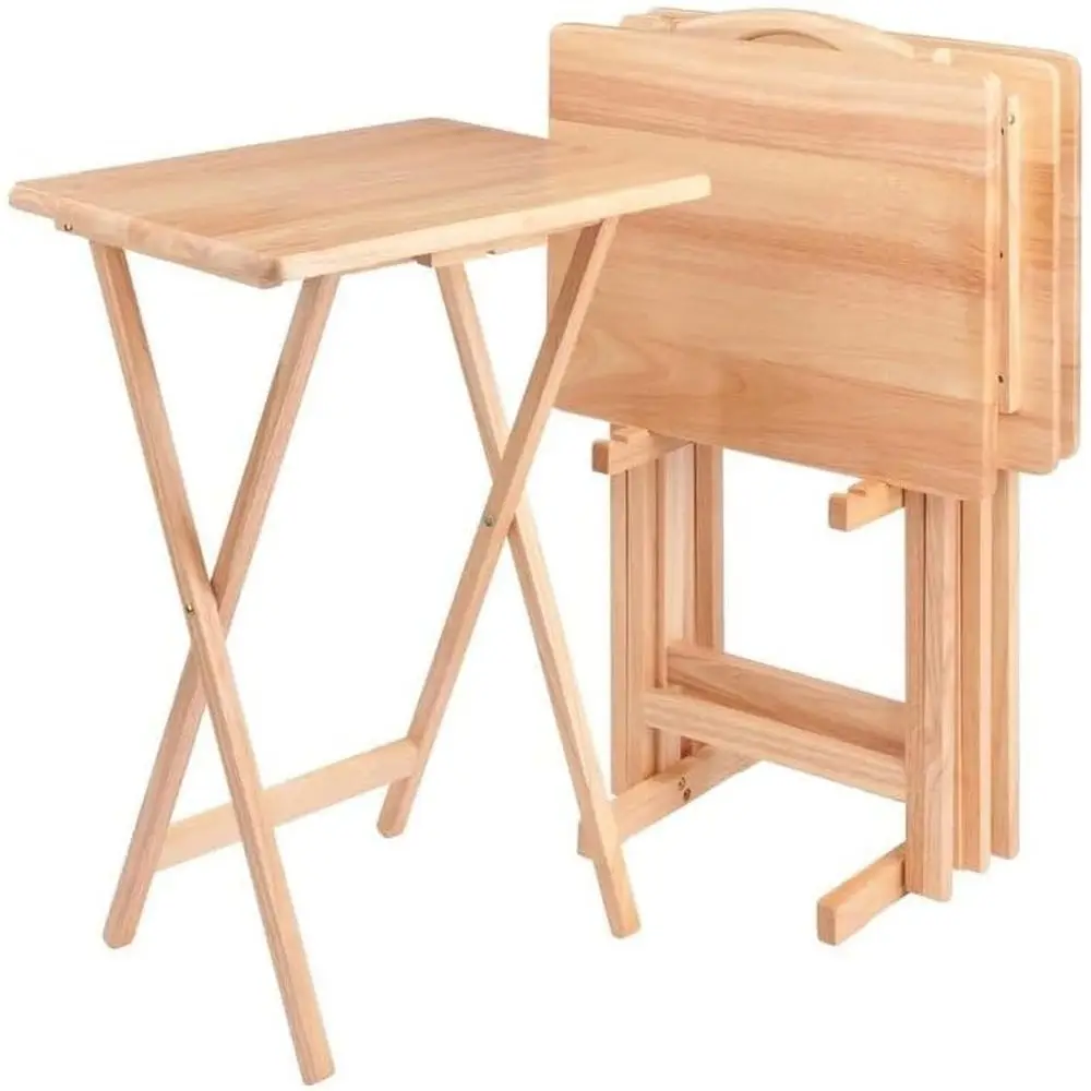 5-PC olding TV Tray Table Set, Natural inish, Solid Wood, Portable Snack Tables with Storage Rack, Compact Home urniture