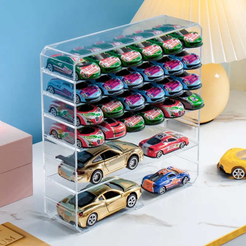 Contemporary Style Plastic Display Stand for Model Cars, Multi-Layer Transparent Storage Organizer with Dividers