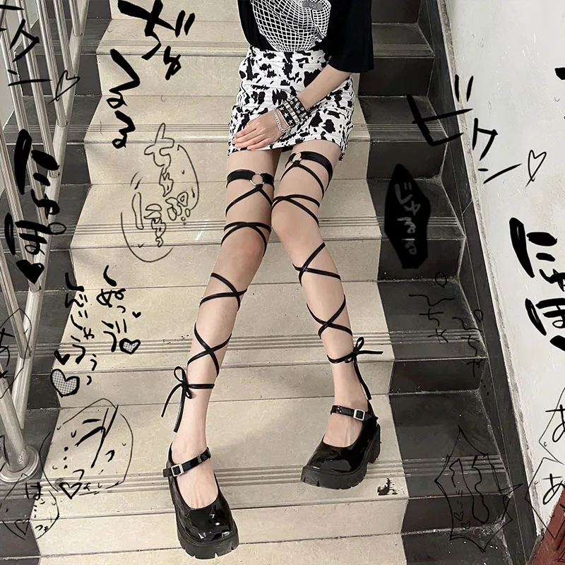 Candy Color Punk DIY Bandage Stockings Night Club Over Knee Fishnet Socks Cosplay Women's Crossed Straps Thigh High Hosiery