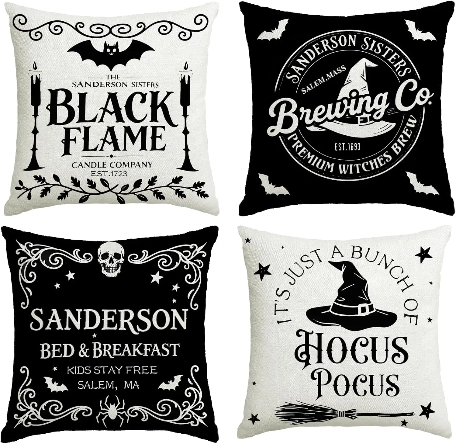 Halloween Decorations Pillow Covers 18x18 Inch,Set of 4 Vintage Halloween Decor Indoor Outdoor Throw Pillow Covers, Hocus Pocus Farmhouse Saying Linen Cushion Case for Home Sofa Couch Bedroom Chair