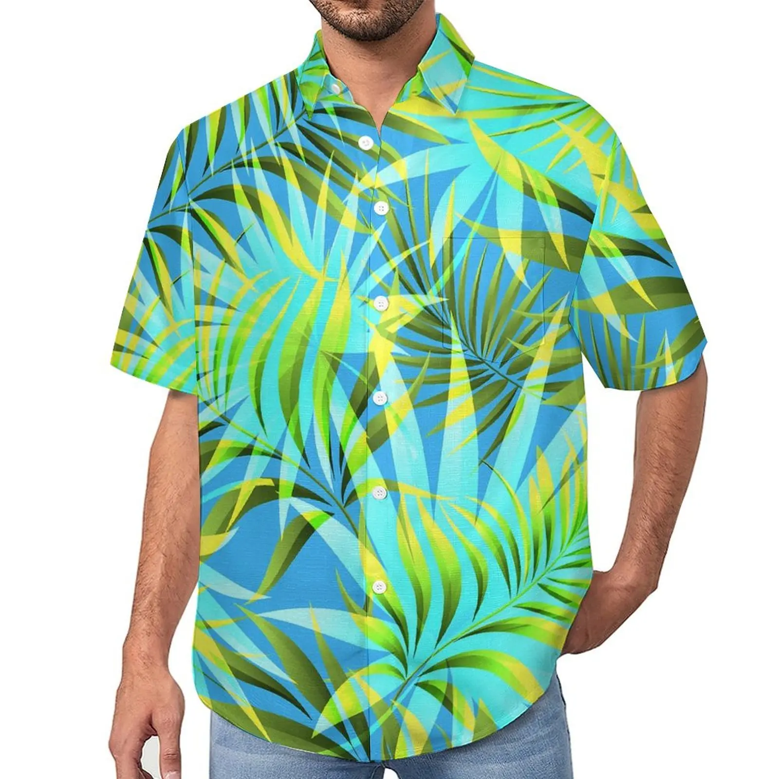 

Tropical Palm Leaf Loose Shirt Male Vacation Jungle Print Casual Shirts Hawaiian Graphic Short-Sleeve Retro Oversized Blouses