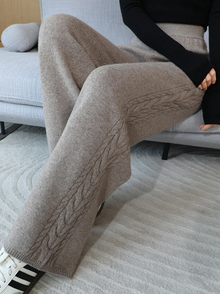 New Fashion Autumn Winter Woman Pants Elegant Female 100% Merino Knitwear Lady Clothing Bottoms Full Length Thick Flat Trousers