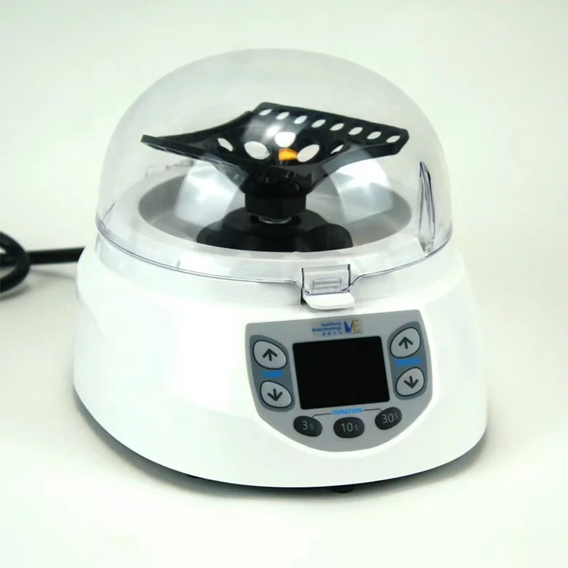 Mini variable speed centrifuge with integrated rotor for 1.5 ml, 0.5 ml, 0.2 ml tubes and 8 rows of 0.2 ml tubes for PCR.