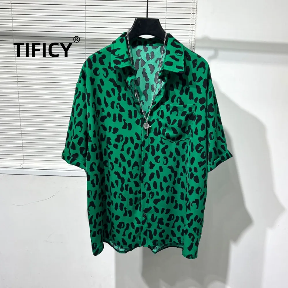 High Street Shirts Men's Summer Thin Irregular Print Loose and Iron Free Cool Leopard Print Casual  Loose Shirt