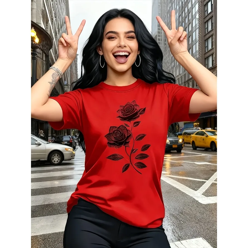 Unique Rose Pattern Print Top Women'S Casual T-Shirt Refined Round-Neck Style Design in Vibrant Colors Abstract Floral Design