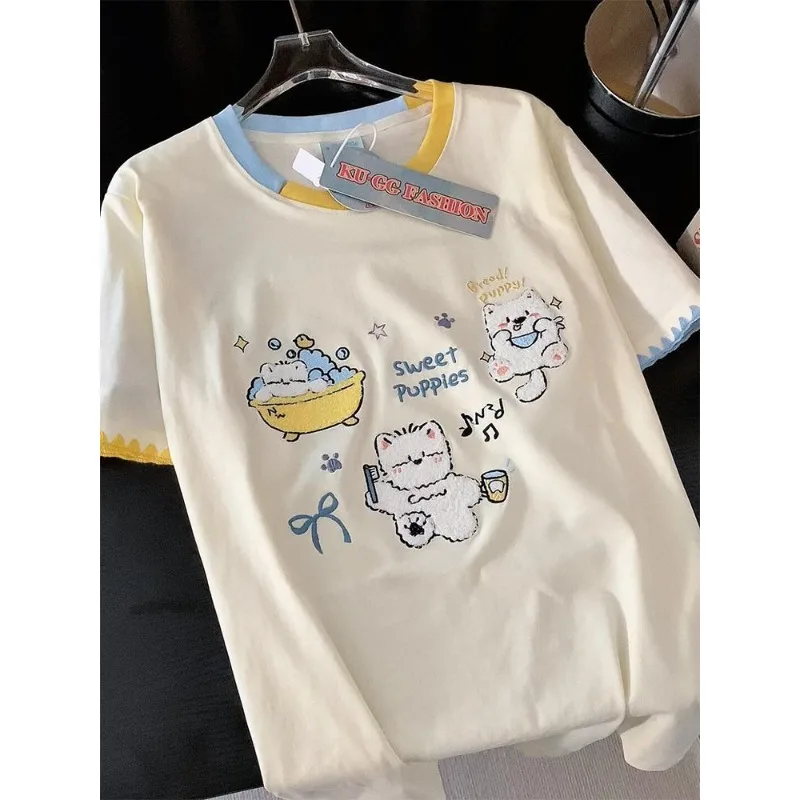 Women Summer Ins Chic Loose Short Sleeve T Shirt Heavy Embroidery Puppy Print Contrast Collar Casual Top