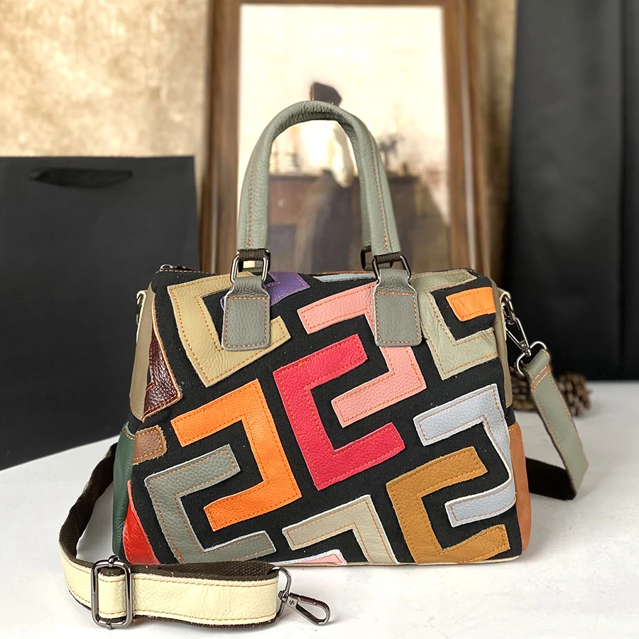 

Large-capacity women's bag, genuine leather fashionable crossbody bag, colorful top-grain cowhide geometric splicing handbag