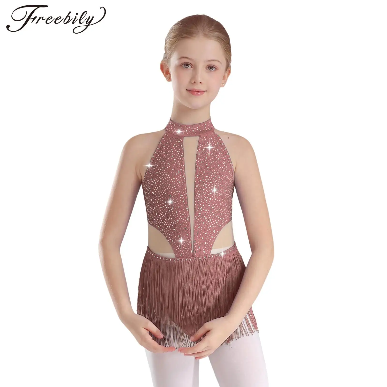 

Kids Girls Sparkly Rhinestone Latin Dance Leotard Sleeveless Backless Fringed Bodysuit Stage Performance Competition Dancewear