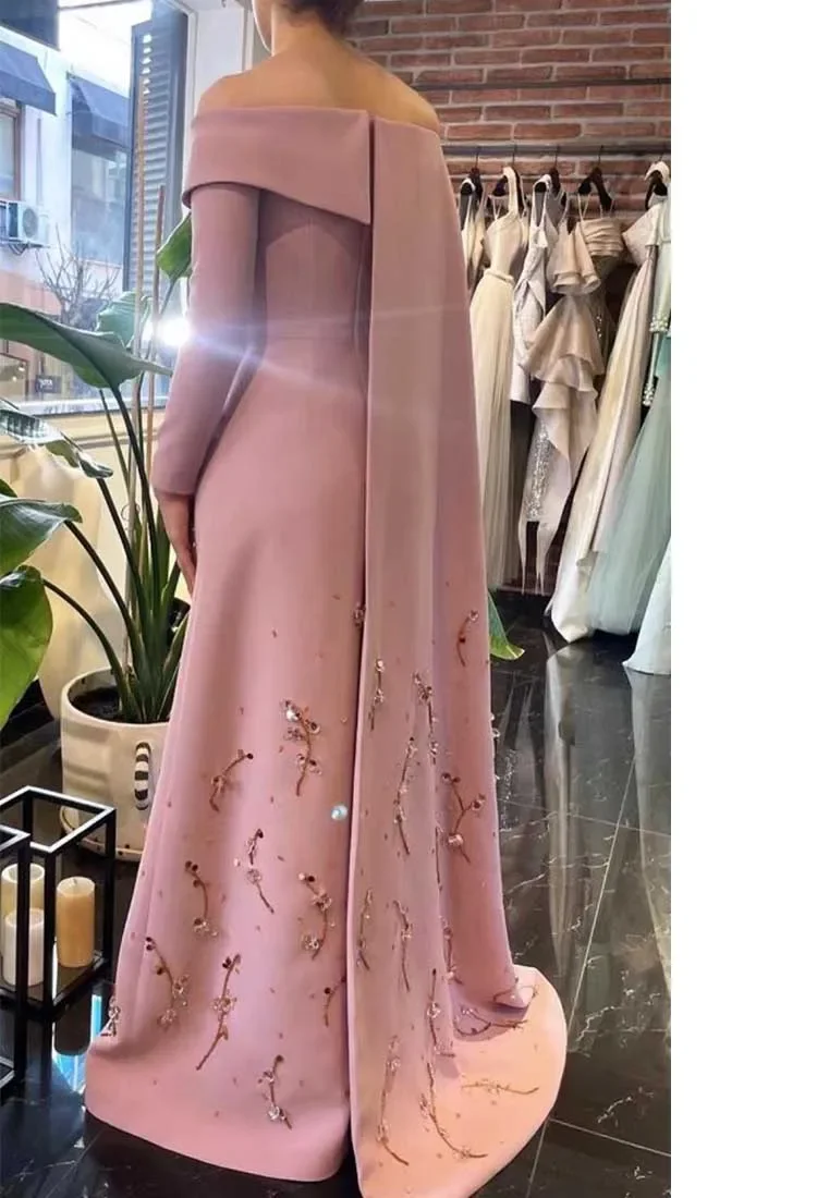 Customized Elegant Off The Shoulder Long Sleeves Pink Beaded Mermaid Vestidos De Fiesta فساتين سهره Evening Dresses Hot Sale