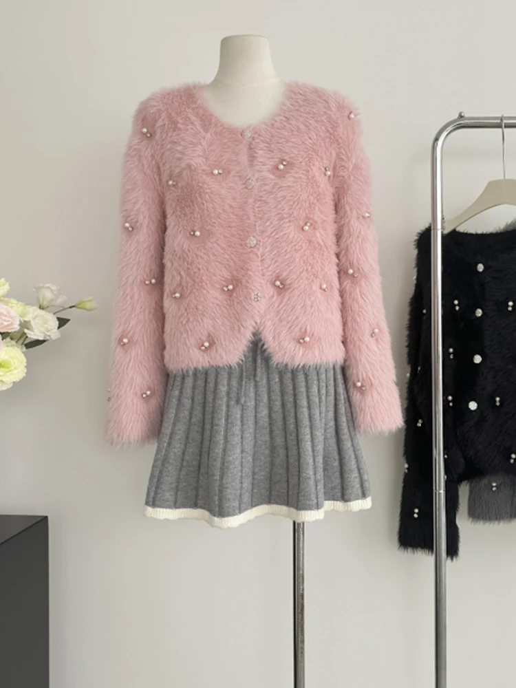 Autumn Winter Woman Old Money Pearl Cardigan Sweater Long Sleeve Fluffy Knitwears Jumper Old Money Luxury Romantic Elegant Chic