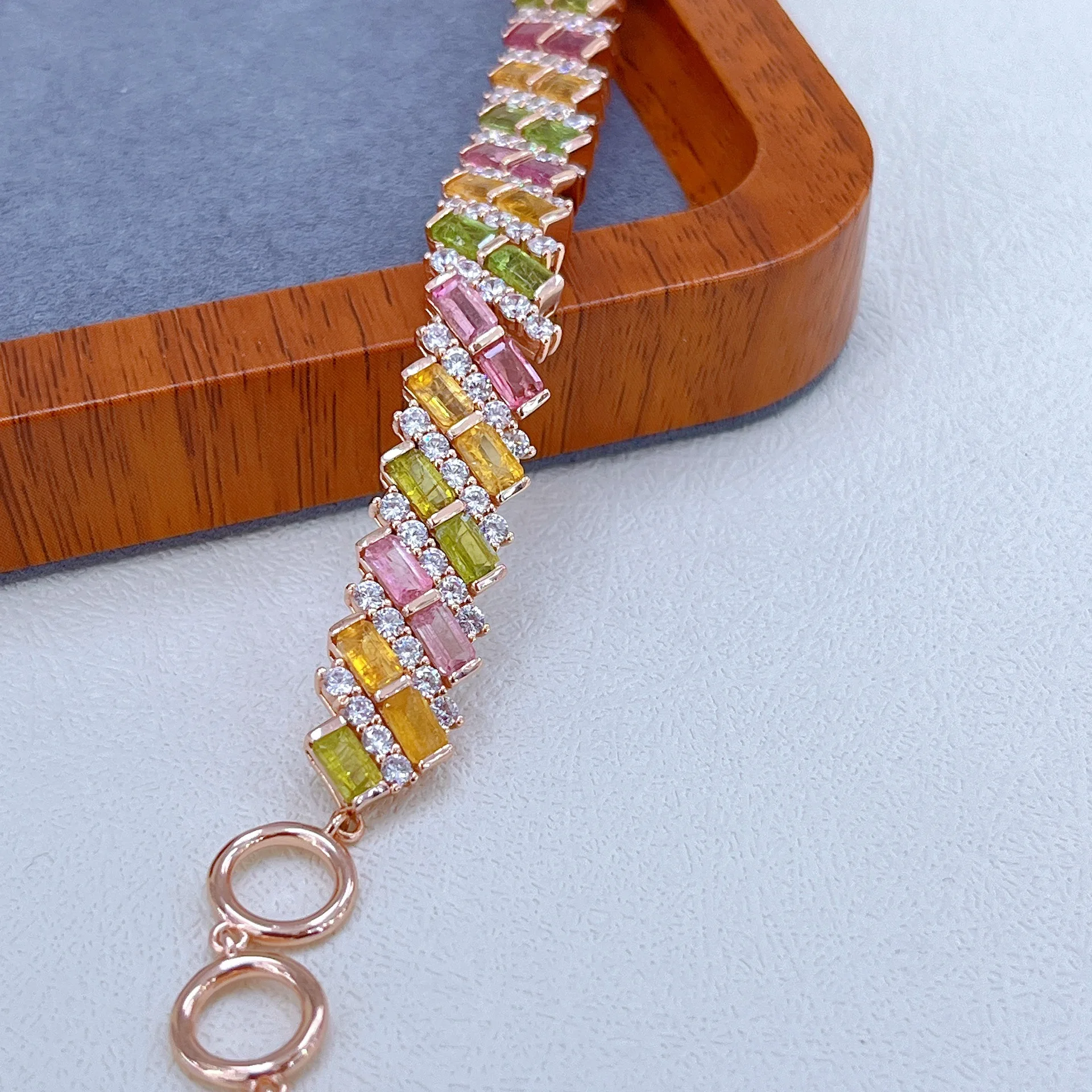 S925 Sterling Silver Rose Gold Plated Natural Rectangle Rainbow Tourmaline Tennis Bracelet Full Pave Crystal Daily Jewelry