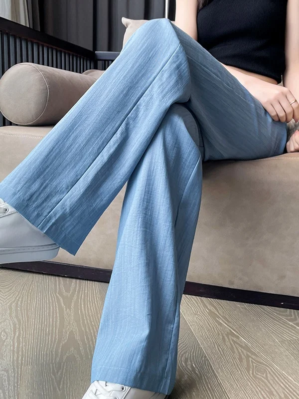  Pantaloni a gamba larga in denim da donna estivi sottili a vita alta drappeggiati casual in seta di ghiaccio pantaloni freddi lunghi da pendolarismo taglio stereo