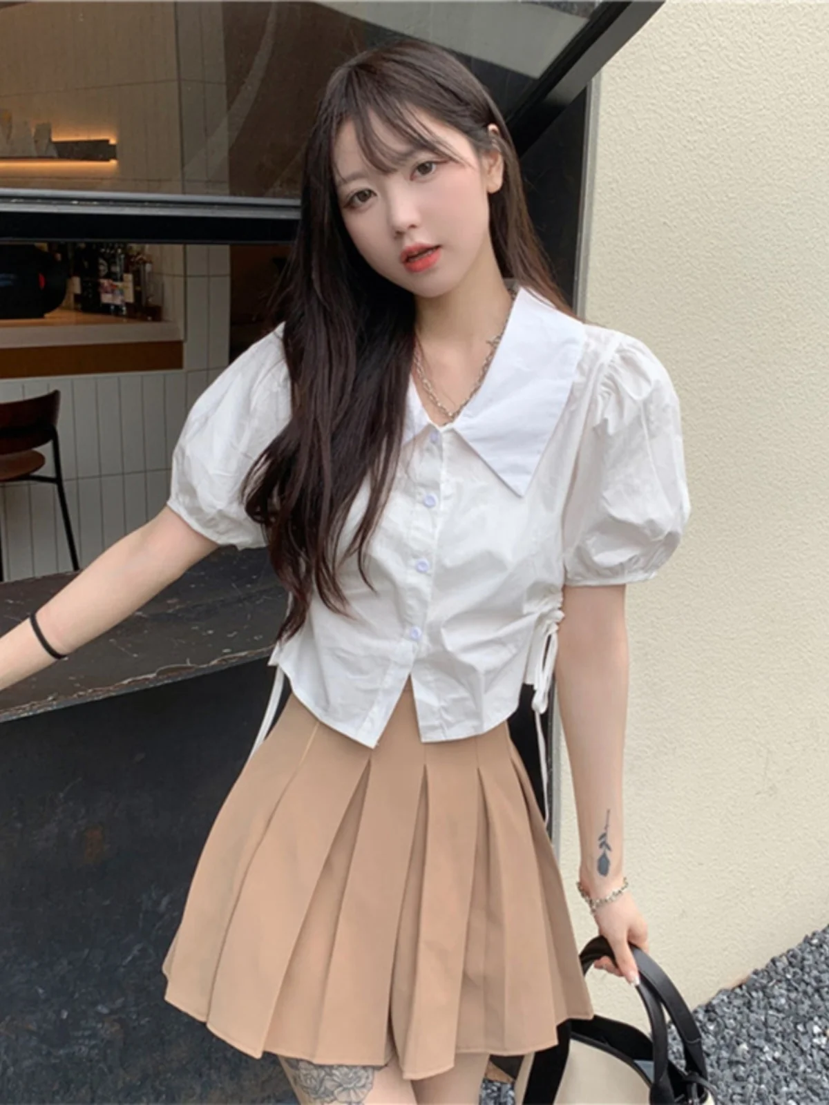 

Fre Sle ort Sve Bubble Sve irt Women's Korean Design Summer New Student Faionable Casual Pure Color Collar