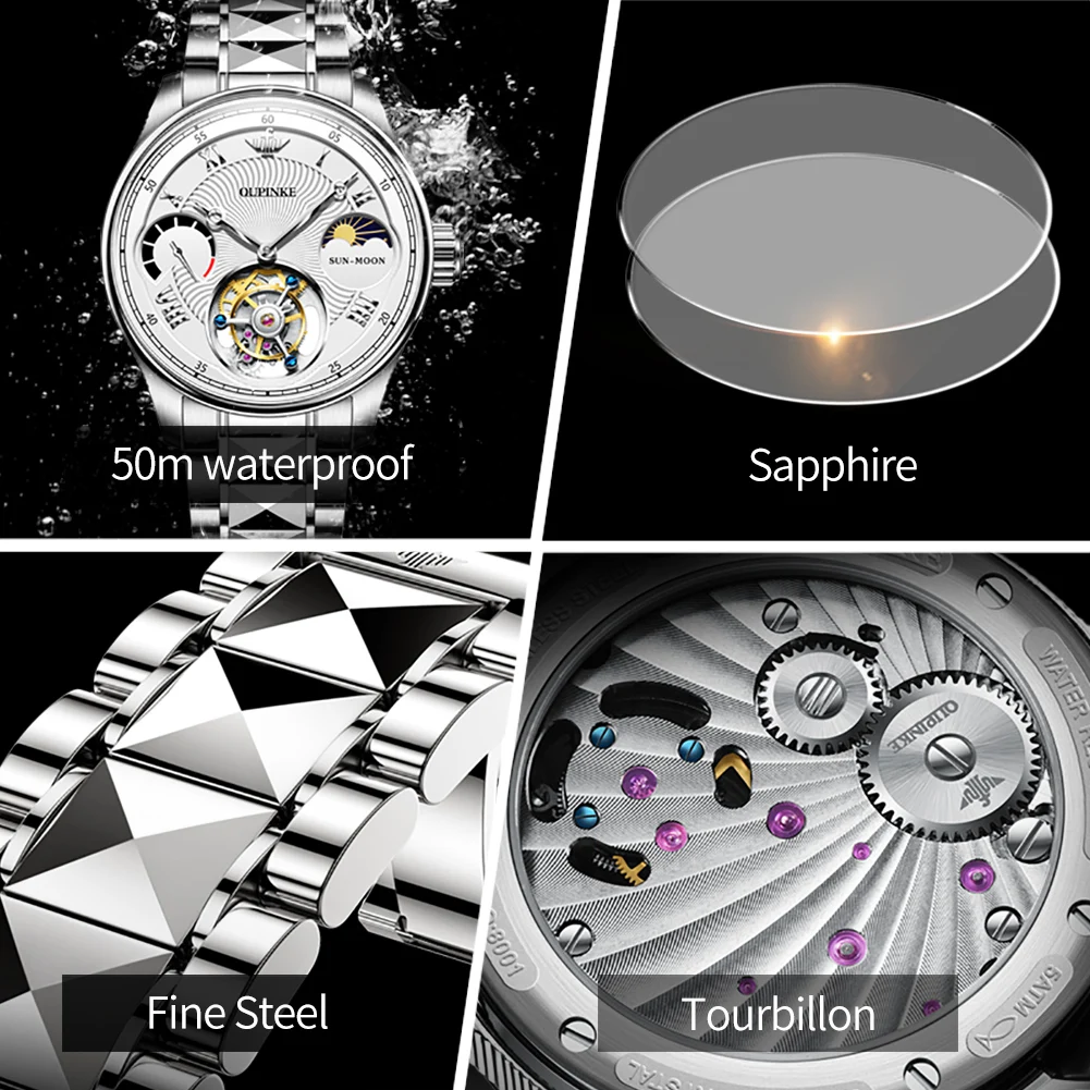 OUPINKE Top Tourbillon Movement Men\'s Watches Tungsten Steel Strip Automatic Mechanical Watch Moon Phase Male Wristwatch Brand