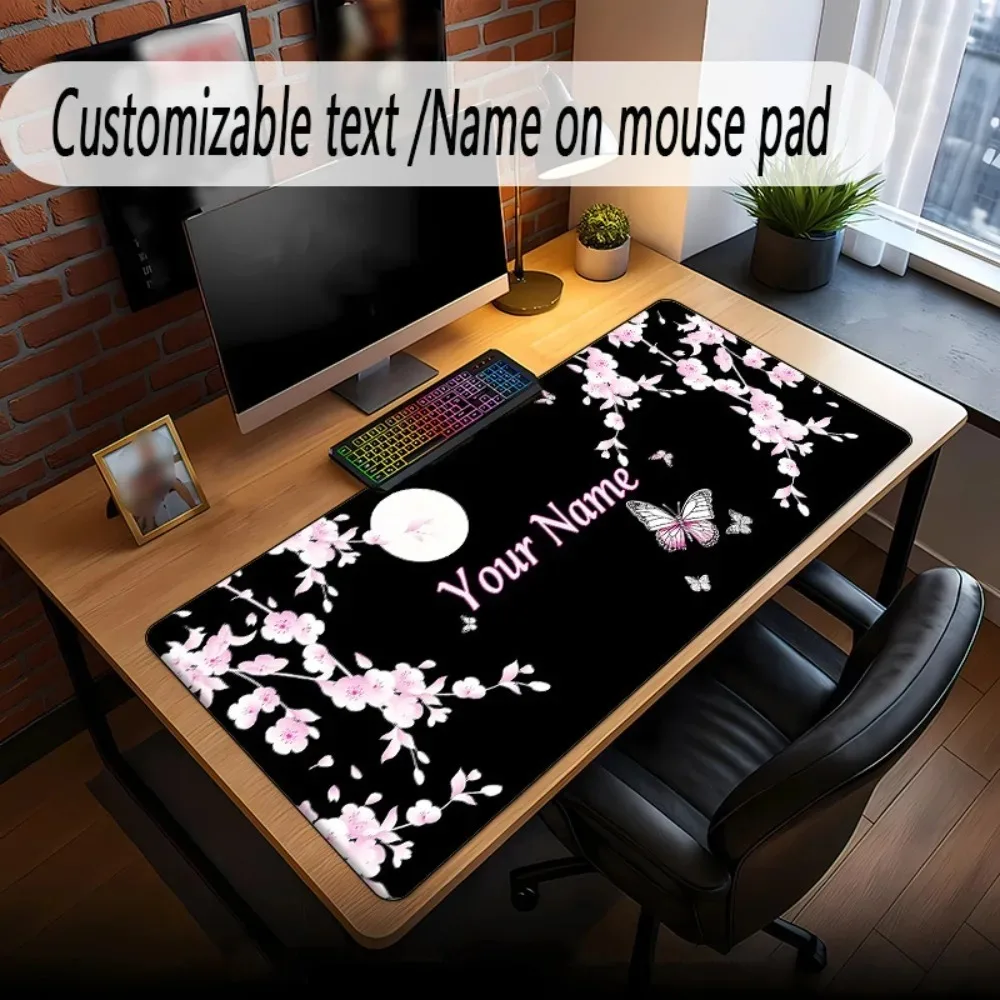 CIFbuy Personalized Name Black Cherry Blossom Butterfly Desk Mat, Multi‑Sizes Gaming Mouse Pad Non‑Slip Rubber for Floral Lover